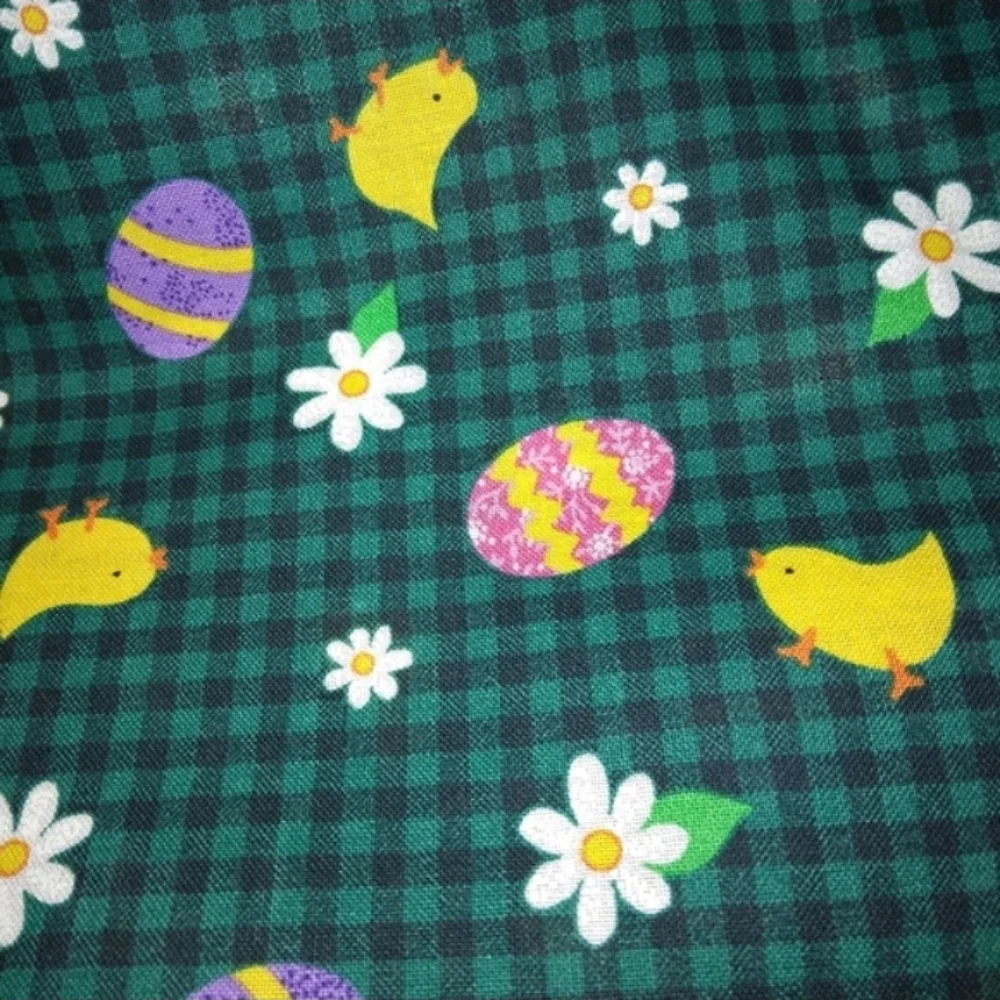 FABRIC 100% cotton Easter eggs chicks and daisies on green & black Gingham 5yds